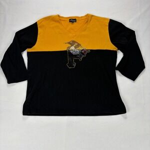 Marvel Fashions Penguins Style Rhinestone V-Neck T-Shirt Black Gold Womens L